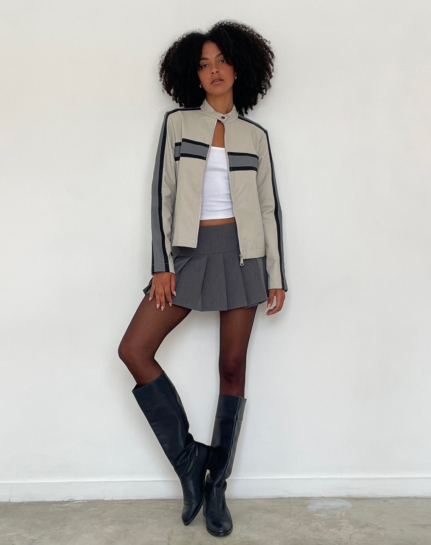 MOTEL X JACQUIE Oliver Zip Up Jacket in Grey PU with Dark Grey Stripe