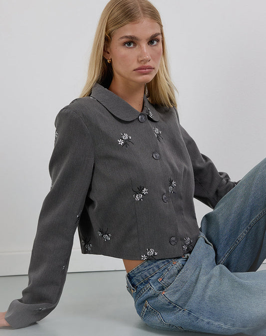 Zedari Jacket in Floral Embroidery Tailoring Charcoal